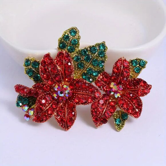 Handcrafted Rhinestone Poinsettias Christmas Brooch Pin ๐๐โฃ๏ธ - Picture 6 of 7
